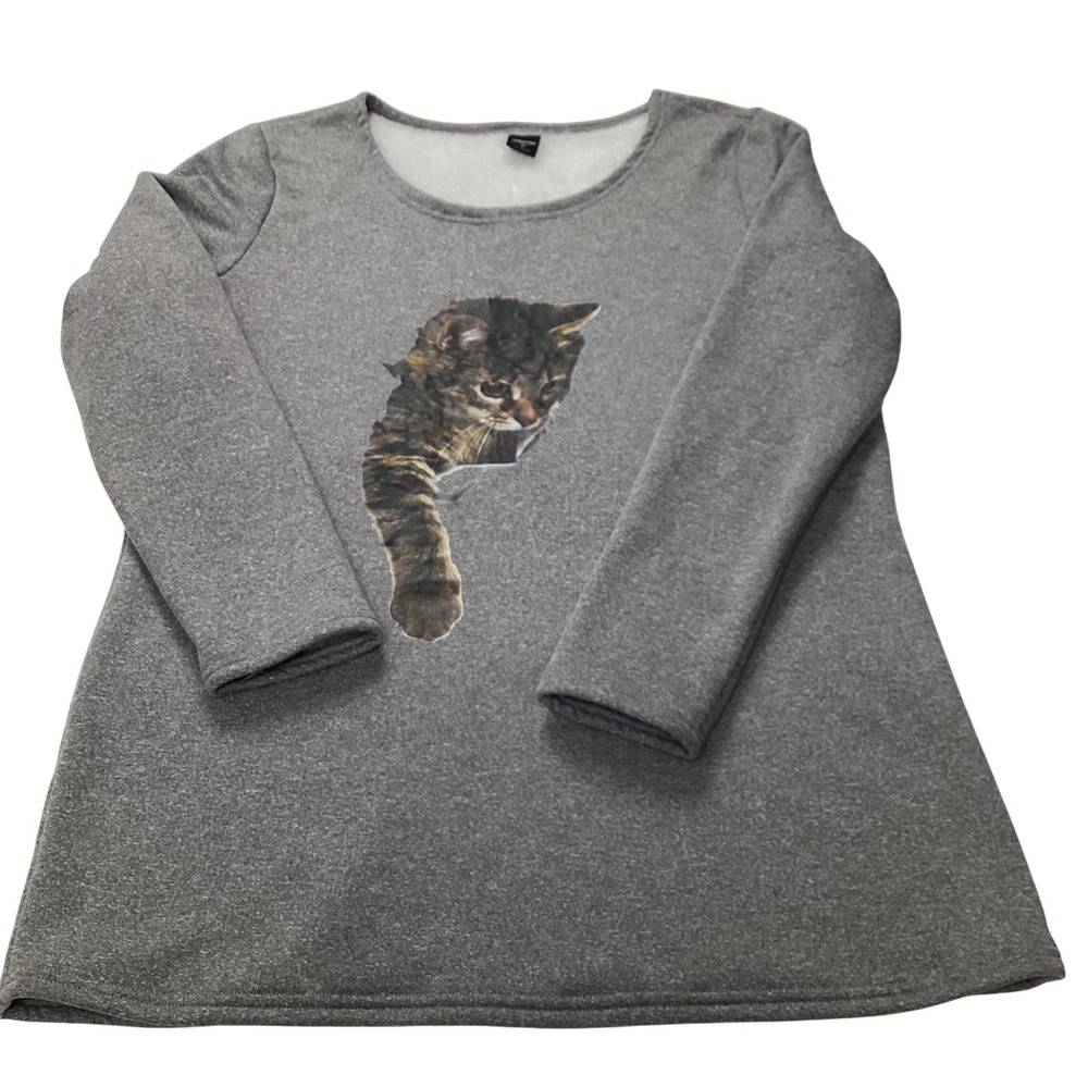 NORACORA Grey Long Sleeve Crew Neck Cat Graphic Tunic Top‎ Women's XL
